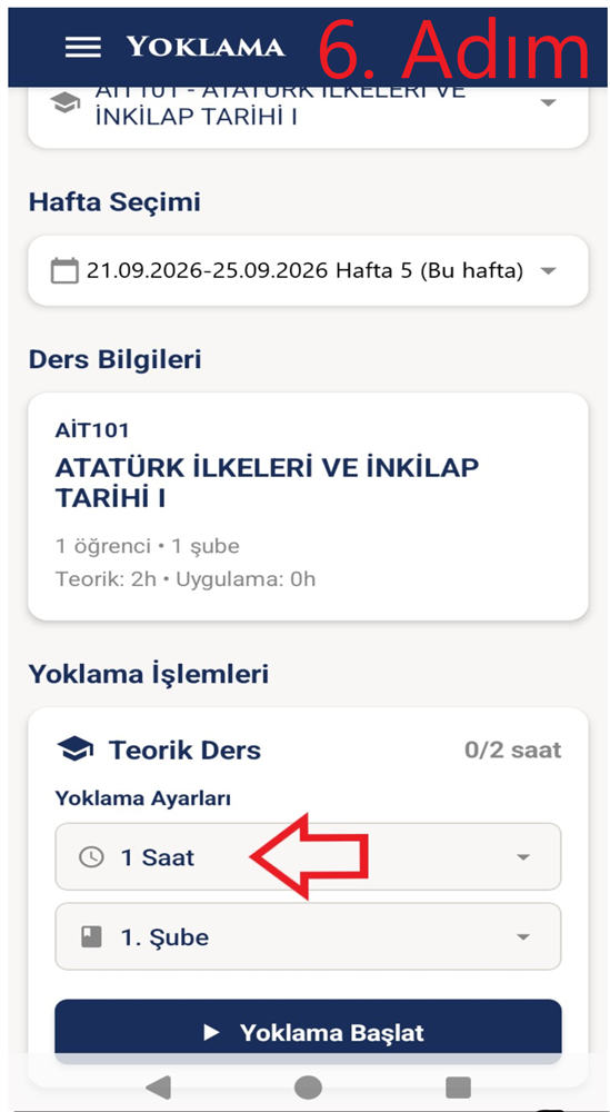 6. Adım - Ders saati seçim menüsü